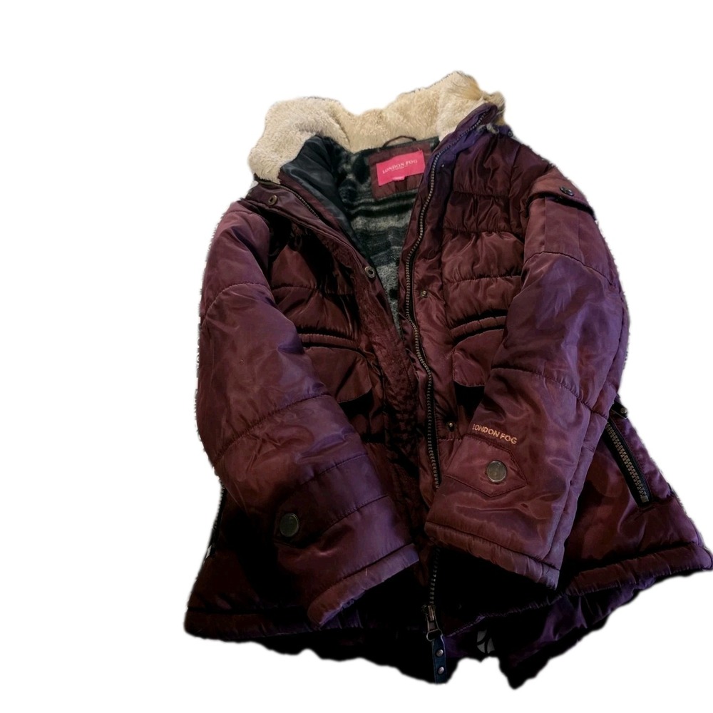 London Fog Puffer Coat Girls Size Large 14/16 Red Fleece Lined Faux Fur Hoodie